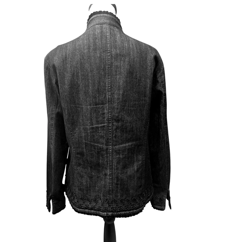 Bay Studio Dark Wash Denim Jacket Soutache Embroidery Beaded Trim Buttons Sz Lg